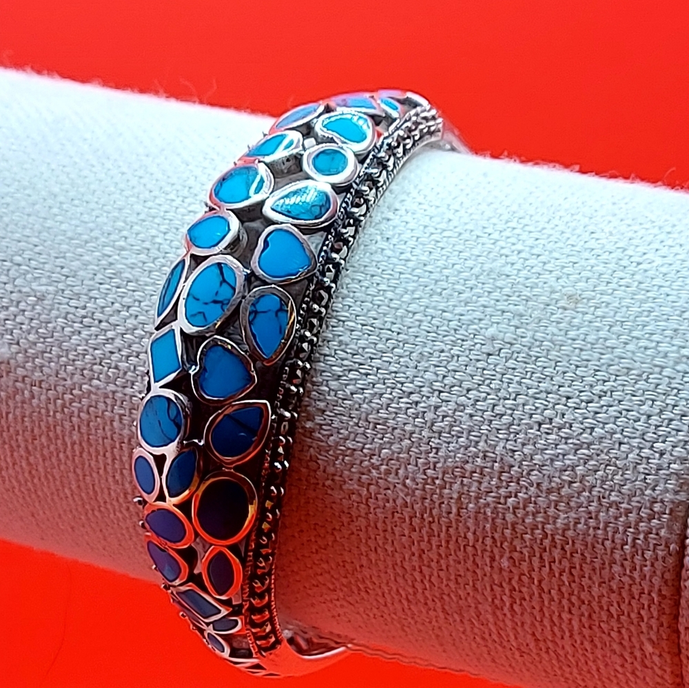 Natural Stabilized‎ Blue Turquoise 7x5mm & Marcasite 925 Sterling Silver Bangle - Picture 4 of 10